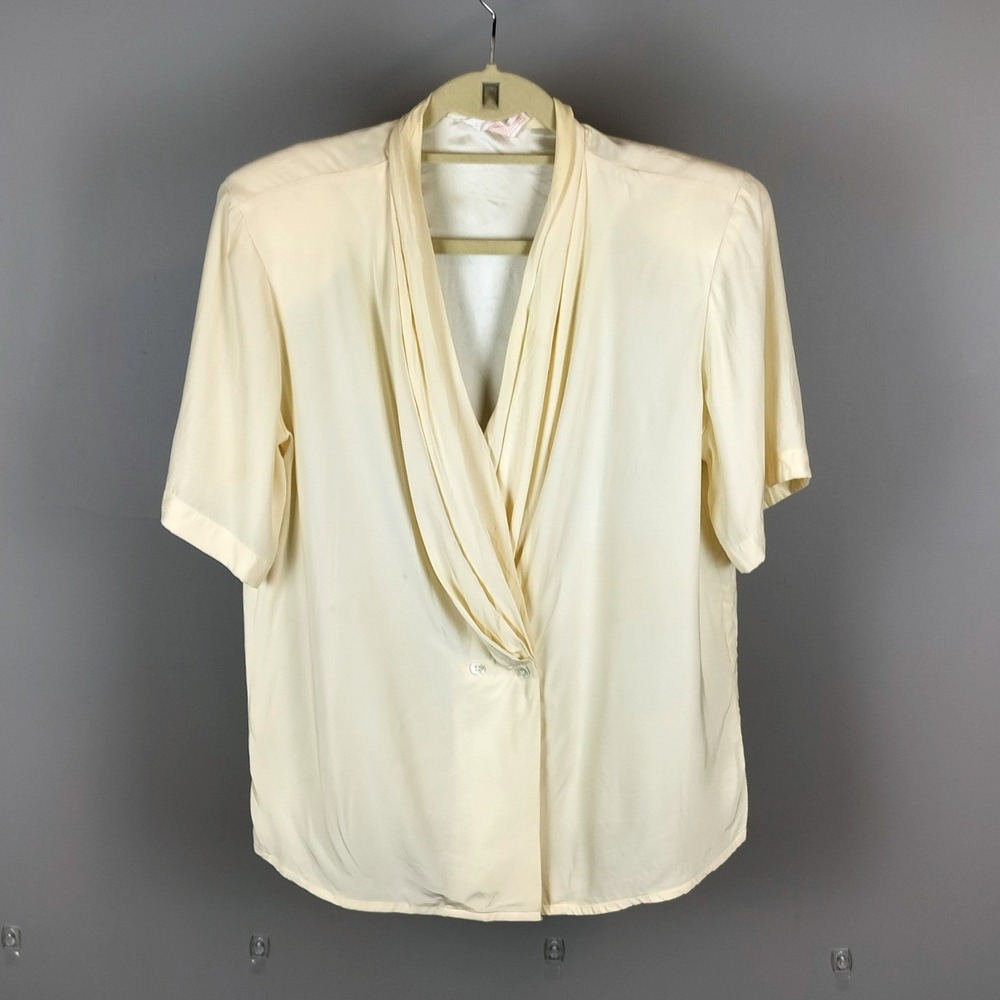 Vintage Silk Draped Shawl Collar Blouse Womens Cream 80s ILGWU Union Made - Picture 3 of 6